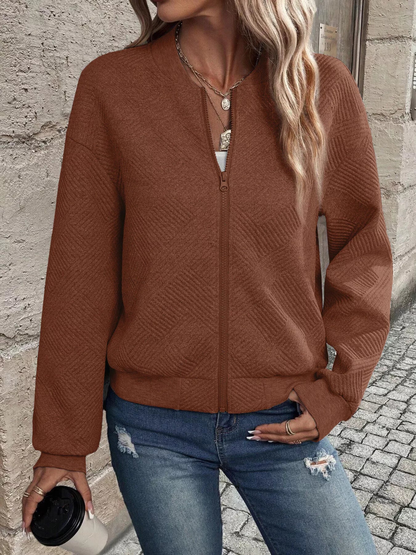 Textured Knit Zip-Up Jacket