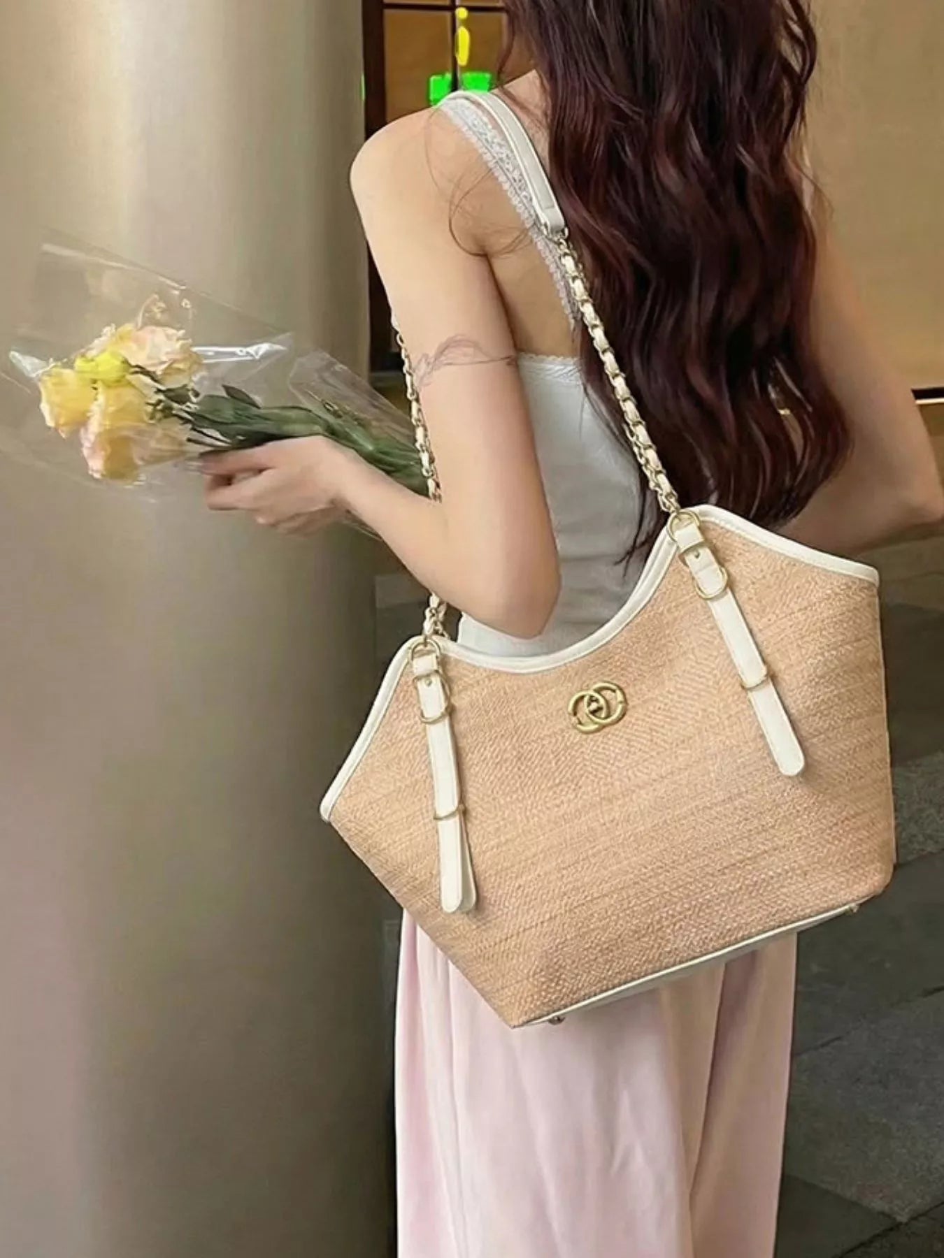 Contrast Trim Adjustable Strap Shoulder Bag