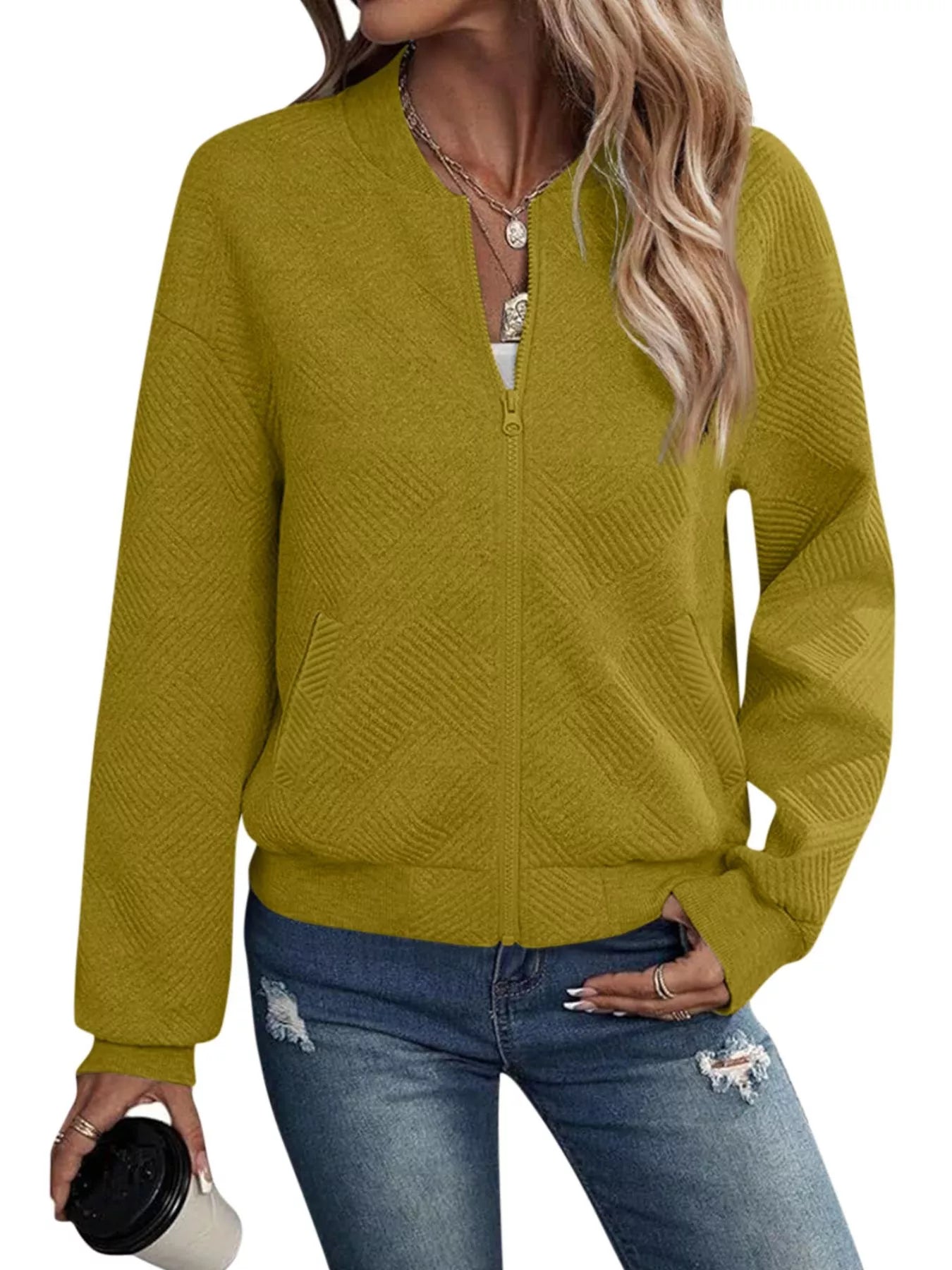 Textured Knit Zip-Up Bomber Jacket