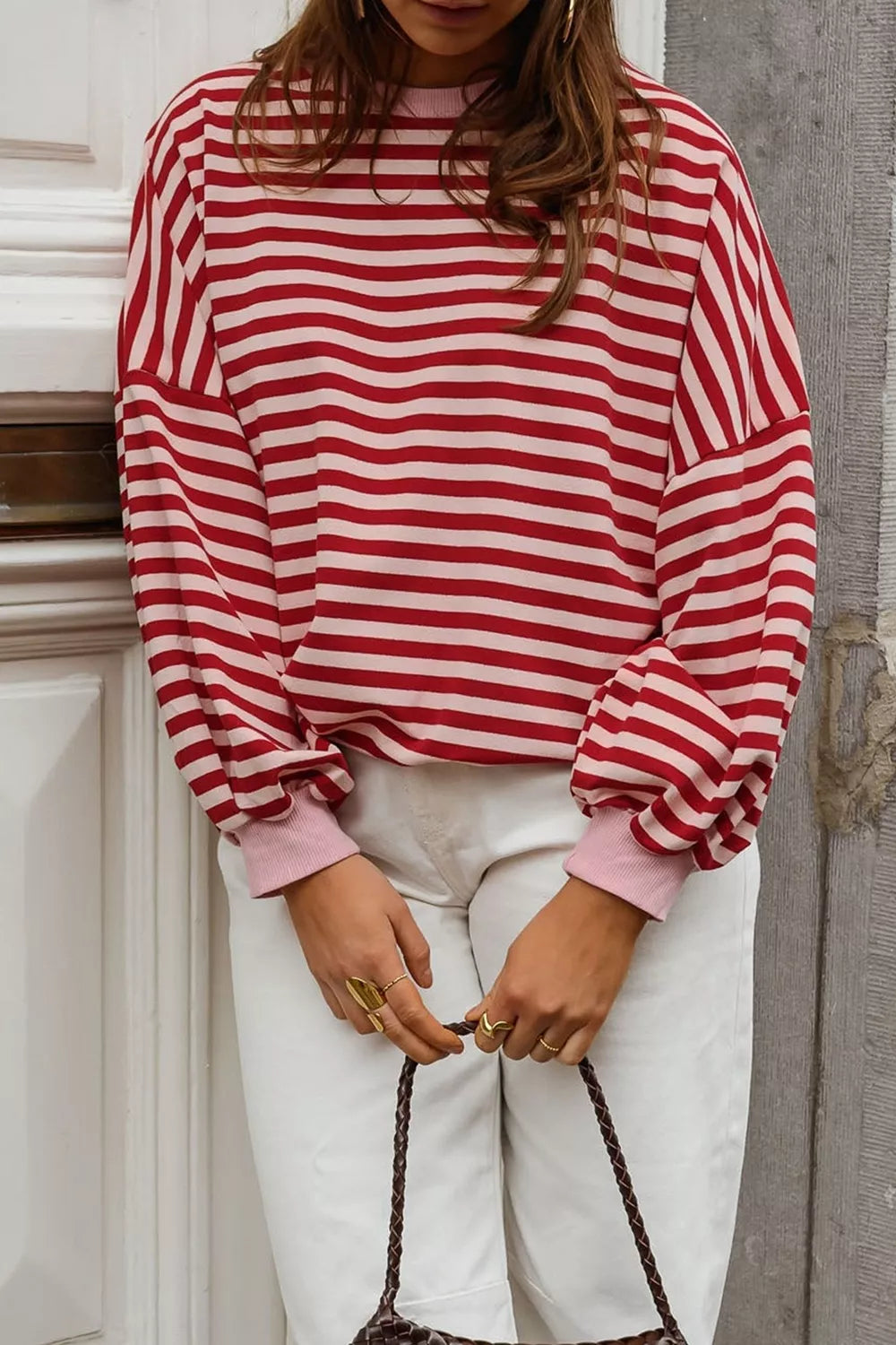 Cutout Back Striped Round Neck Sweatshirt