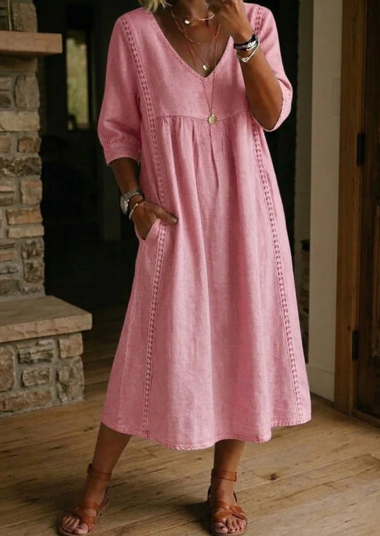 Women's Linen Cotton V-Neck Dress – Lace Trim, Loose Fit, 7 Colors