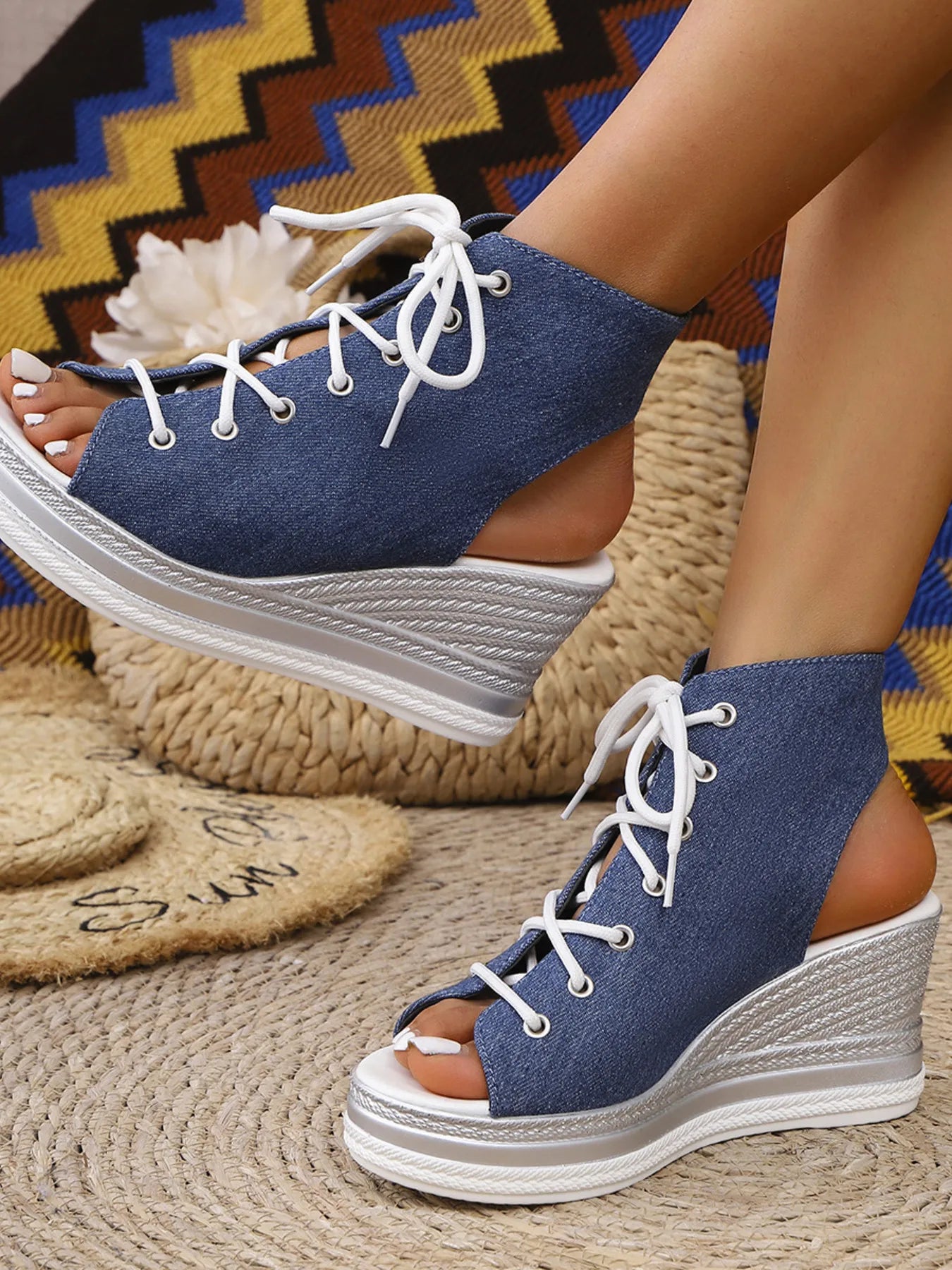 Lace Up Open Toe Wedge Sandals