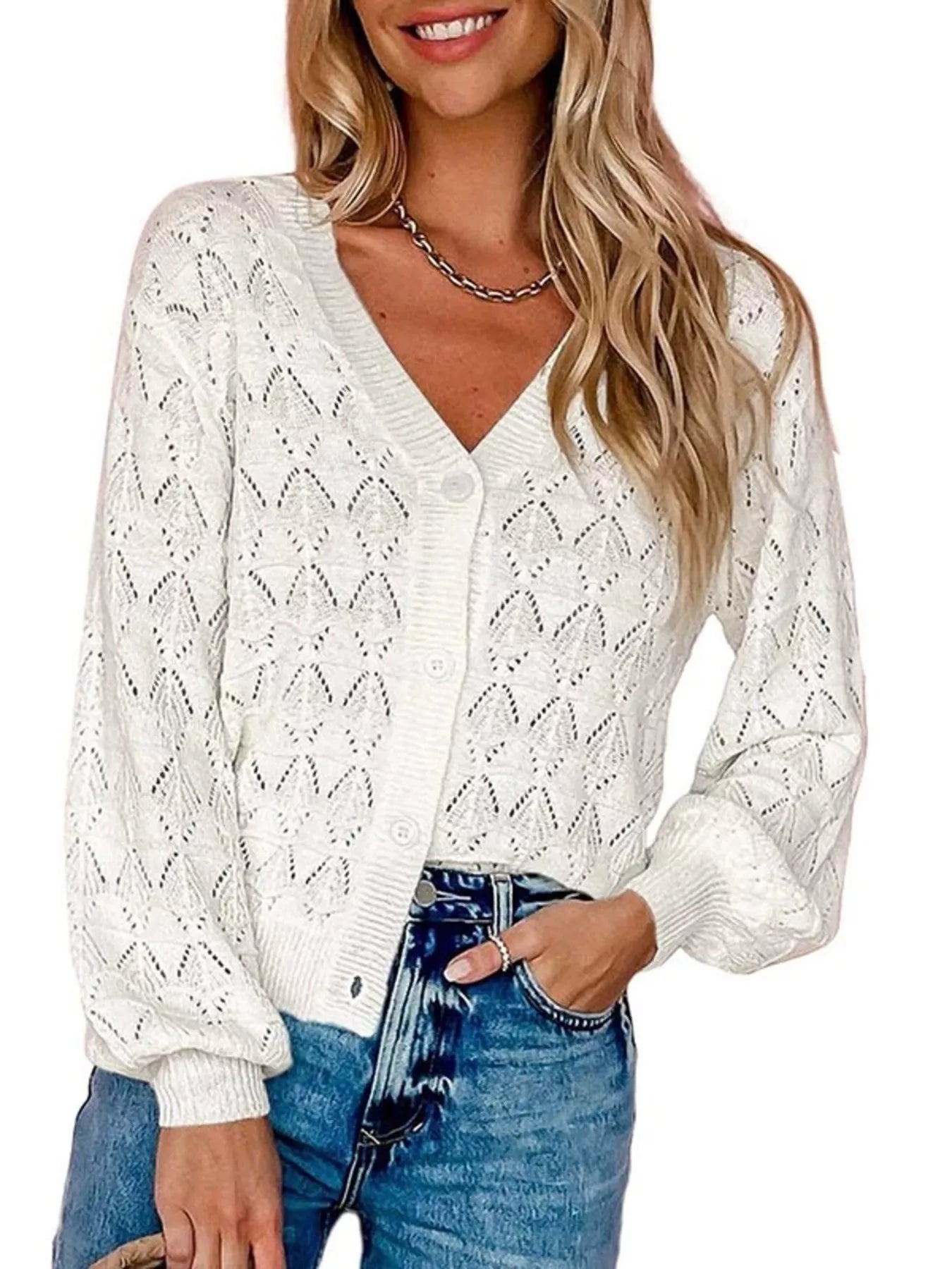 Chic V-Neck Openwork Button-Down Knit Cardigan