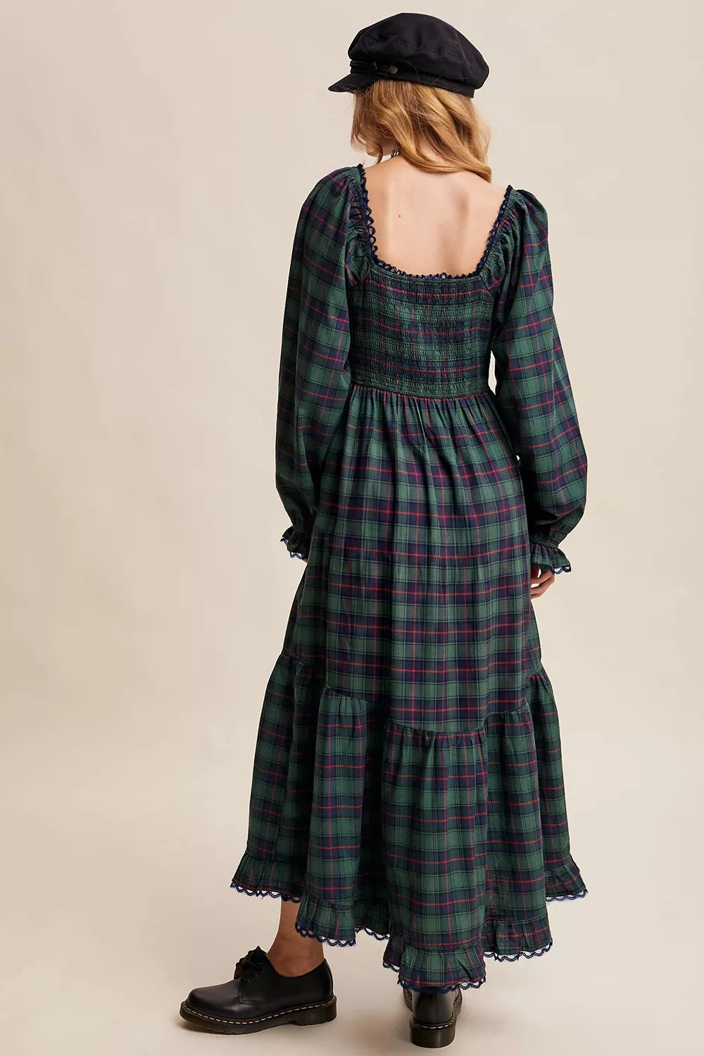 Plaid Long Sleeve Tiered Midi Dress