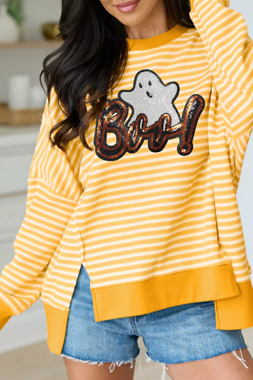 Stripe Boo Sequin Ghost Halloween Split Hem Long Sleeve Top
