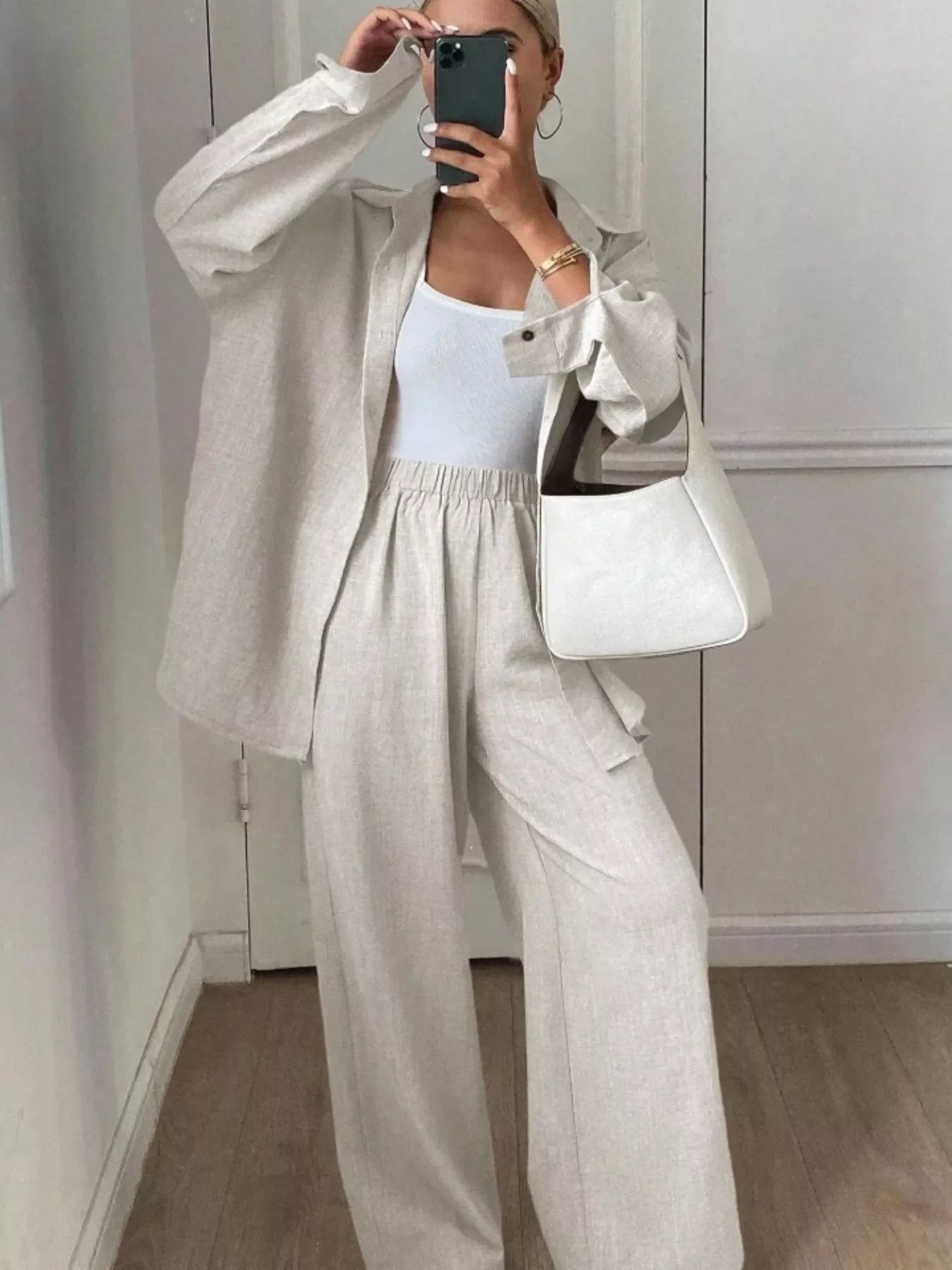 Button-Down Shirt and Wide-Leg Pants Set