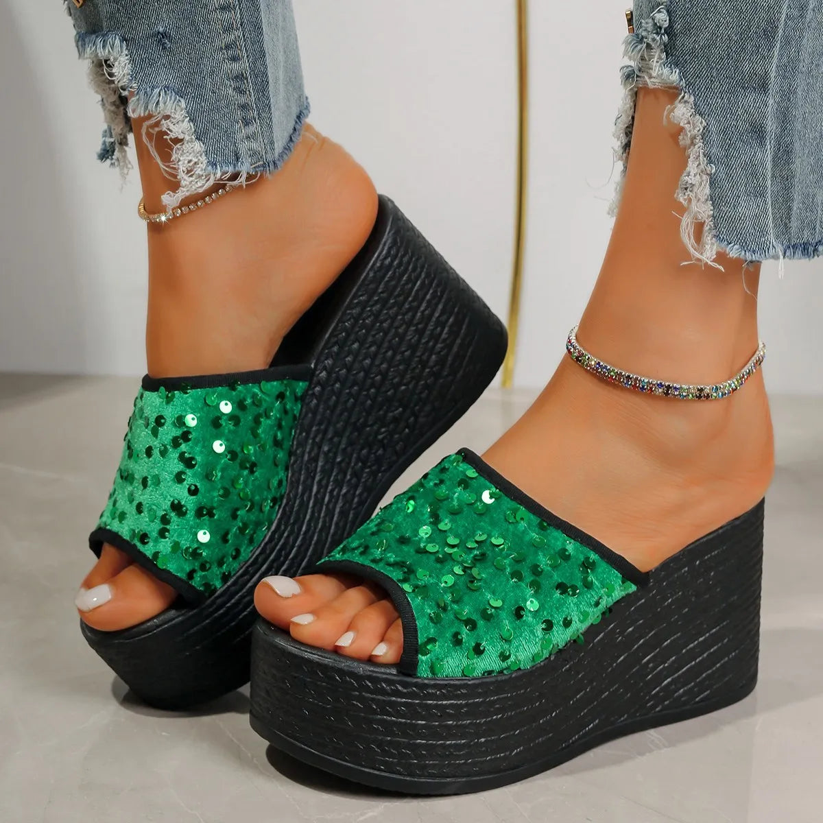 Rhinestone Peep Toe Wedge Sandals