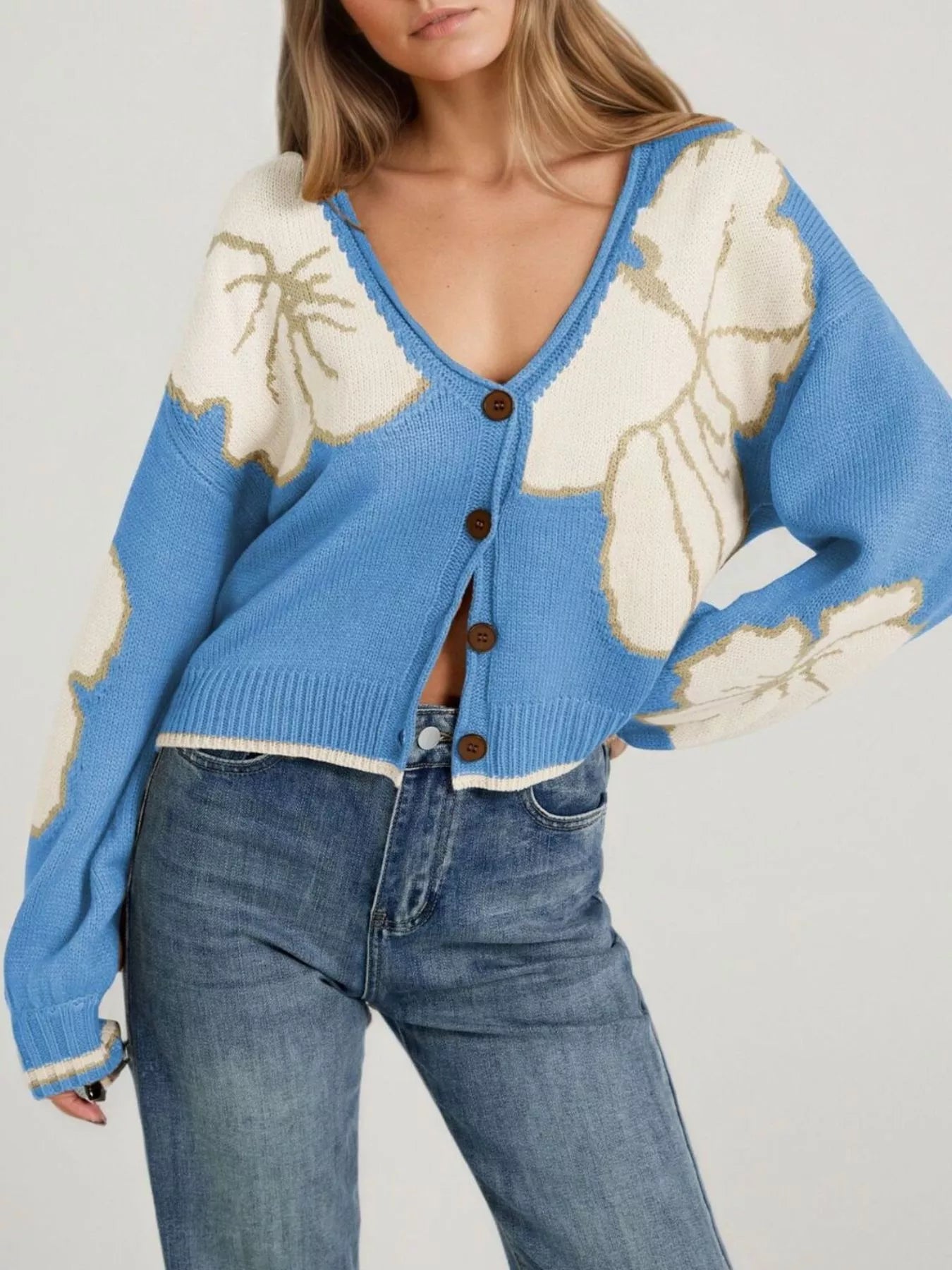 V-Neck Button-Down Knit Cardigan