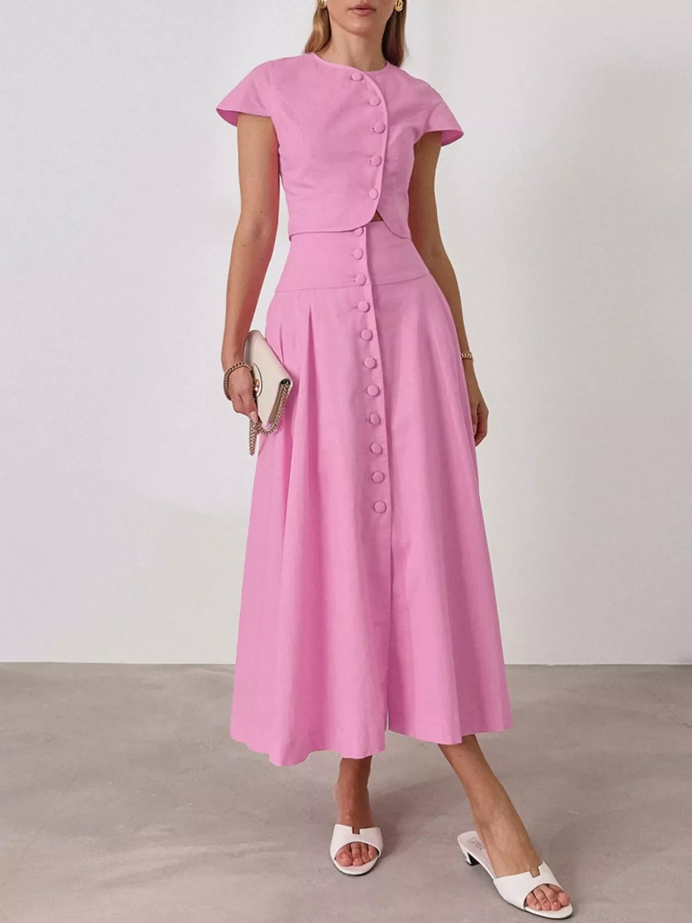 Cap Sleeve Button-Down Crop Top and Midi Skirt Set
