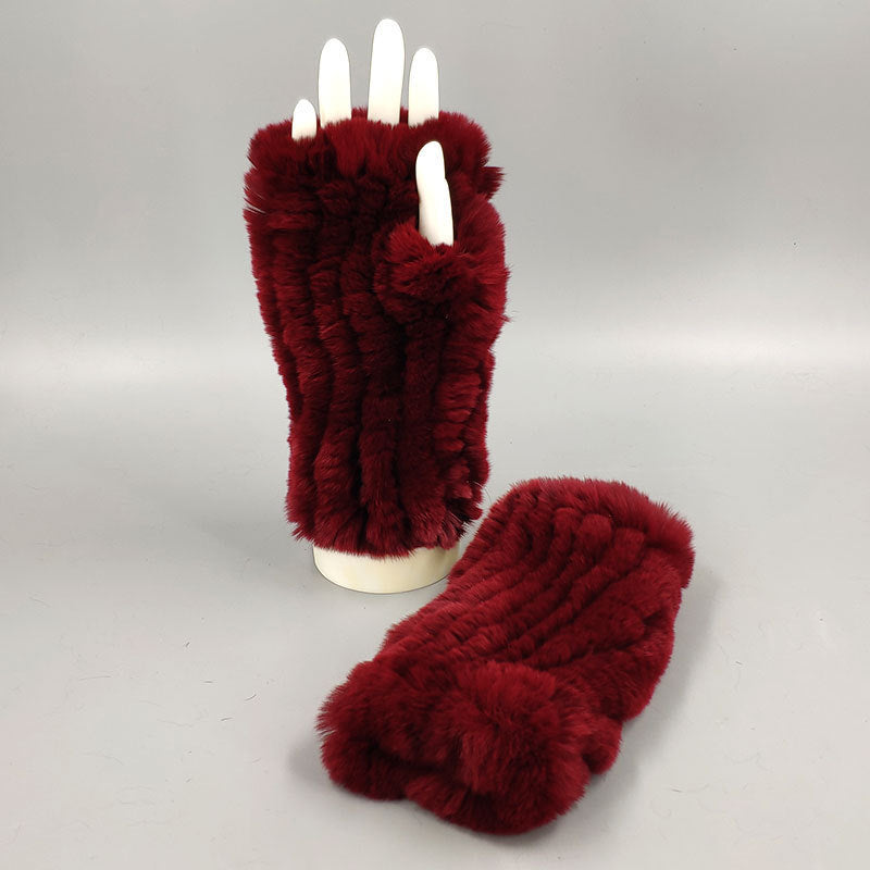 Winter Wristband Mid-Length Gloves - Rex Rabbit Fur Insulation With Striped Half-Finger Design