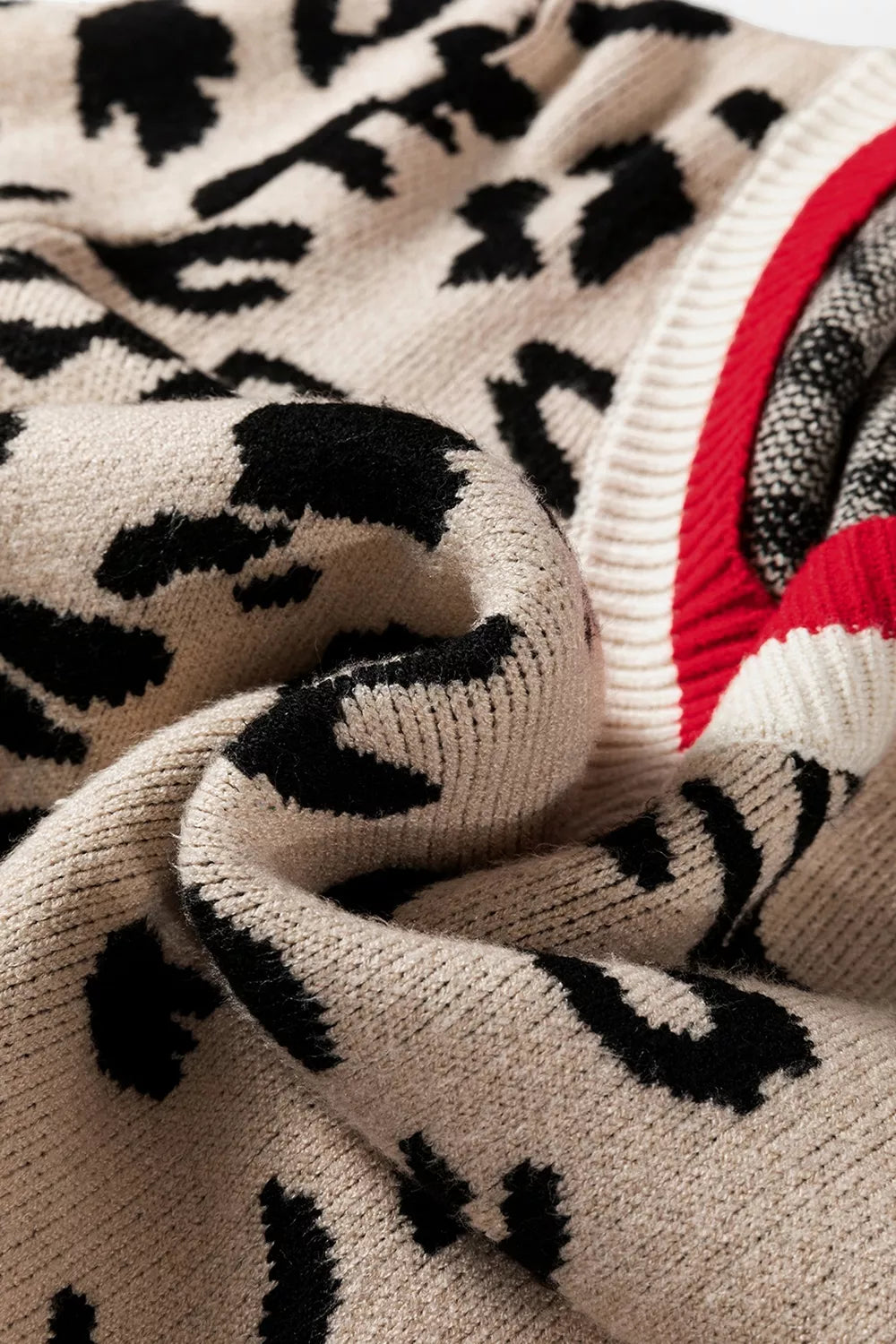 Leopard Pattern V-Neck Contrast Rib Knitted Sweater