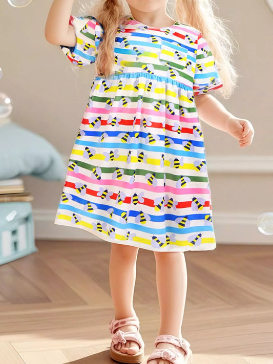 Children's Striped Bee Print Casual Dress