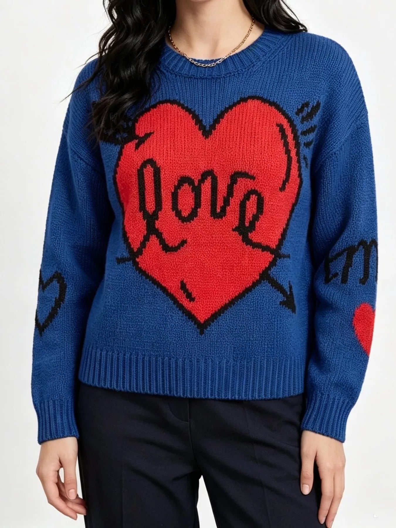 Heart Round Neck Ribbed Sweater