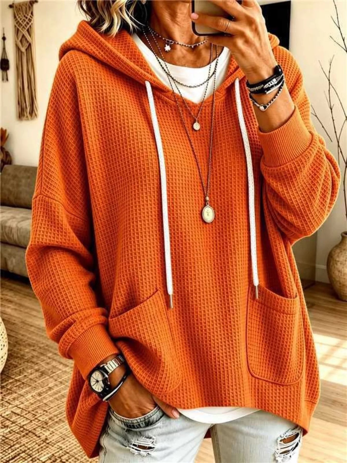Full Size Waffle Knit Hoodie with Pockets Plus Size