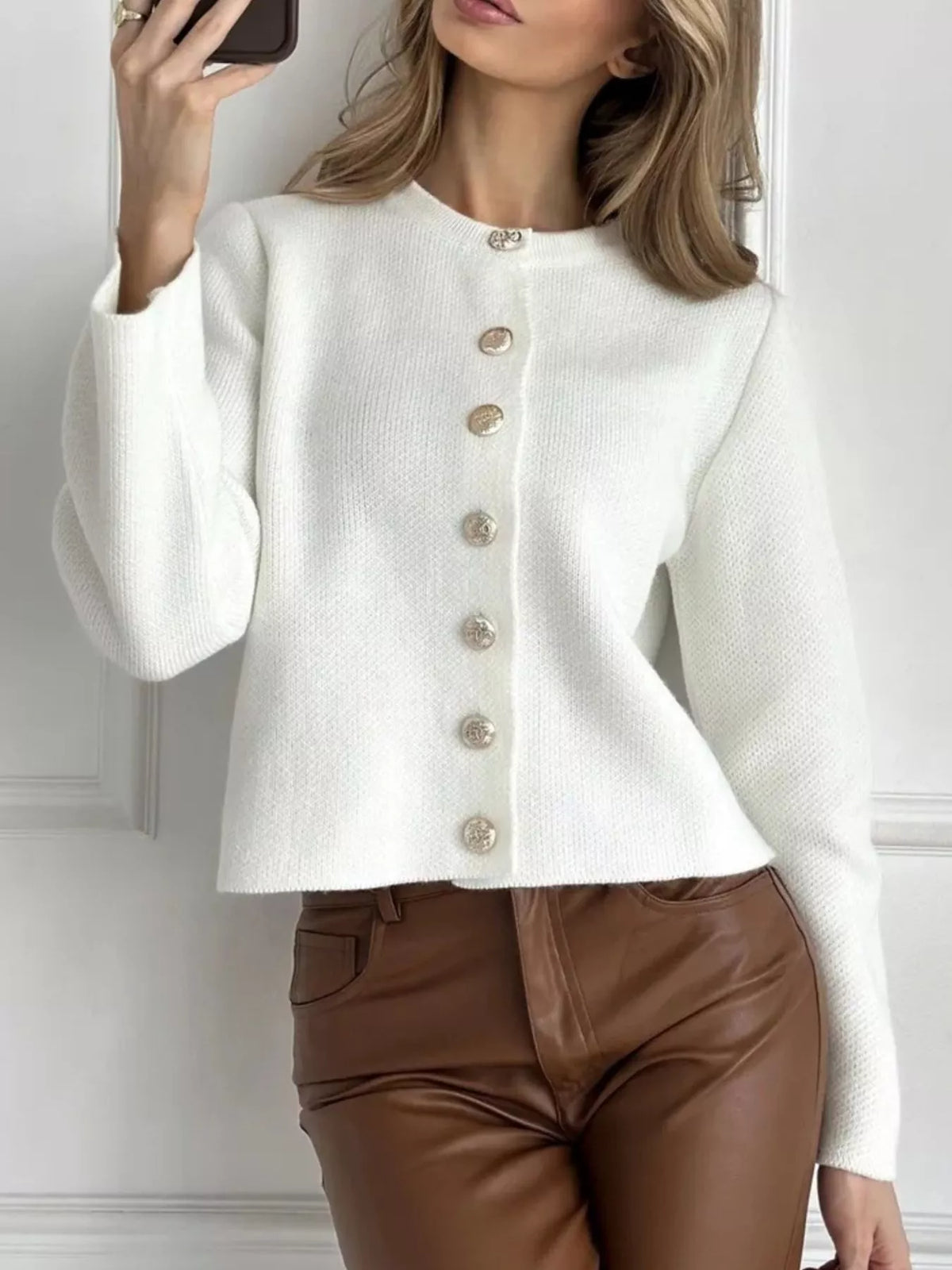 Crew-Neck Button Down Cardigan