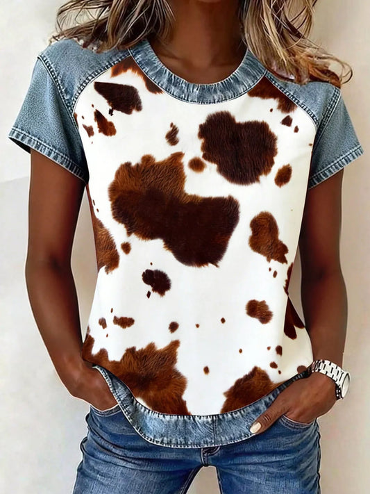 Denim Patchwork Short Sleeve Blouse