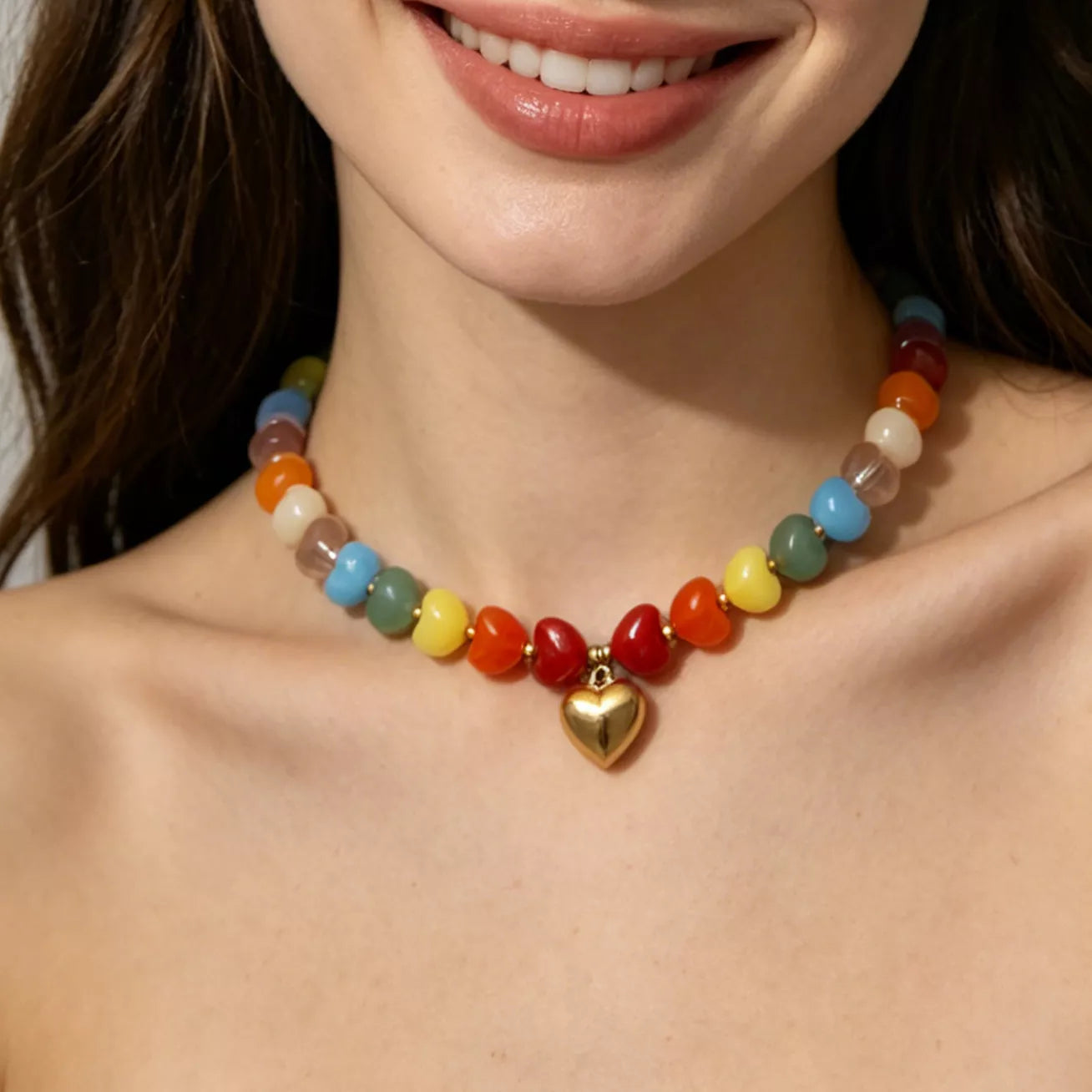 Colorful Heart Pendant Beaded Collarbone Necklace