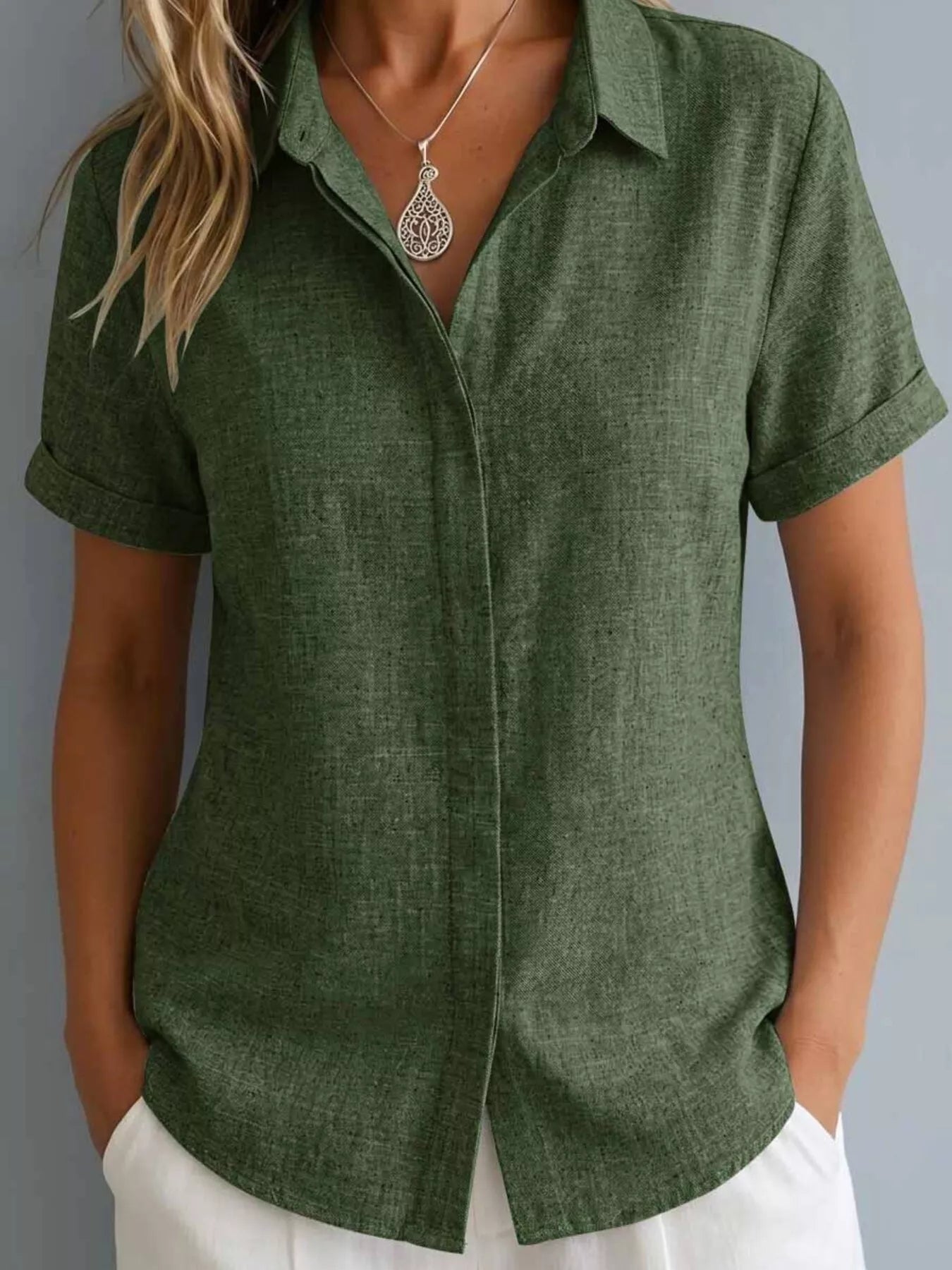 Full Size Collared Neck Short Sleeve Shirt Plus Size