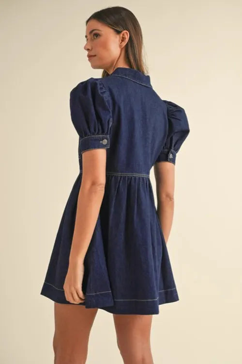 Collared Neck Half Zip Denim Dress