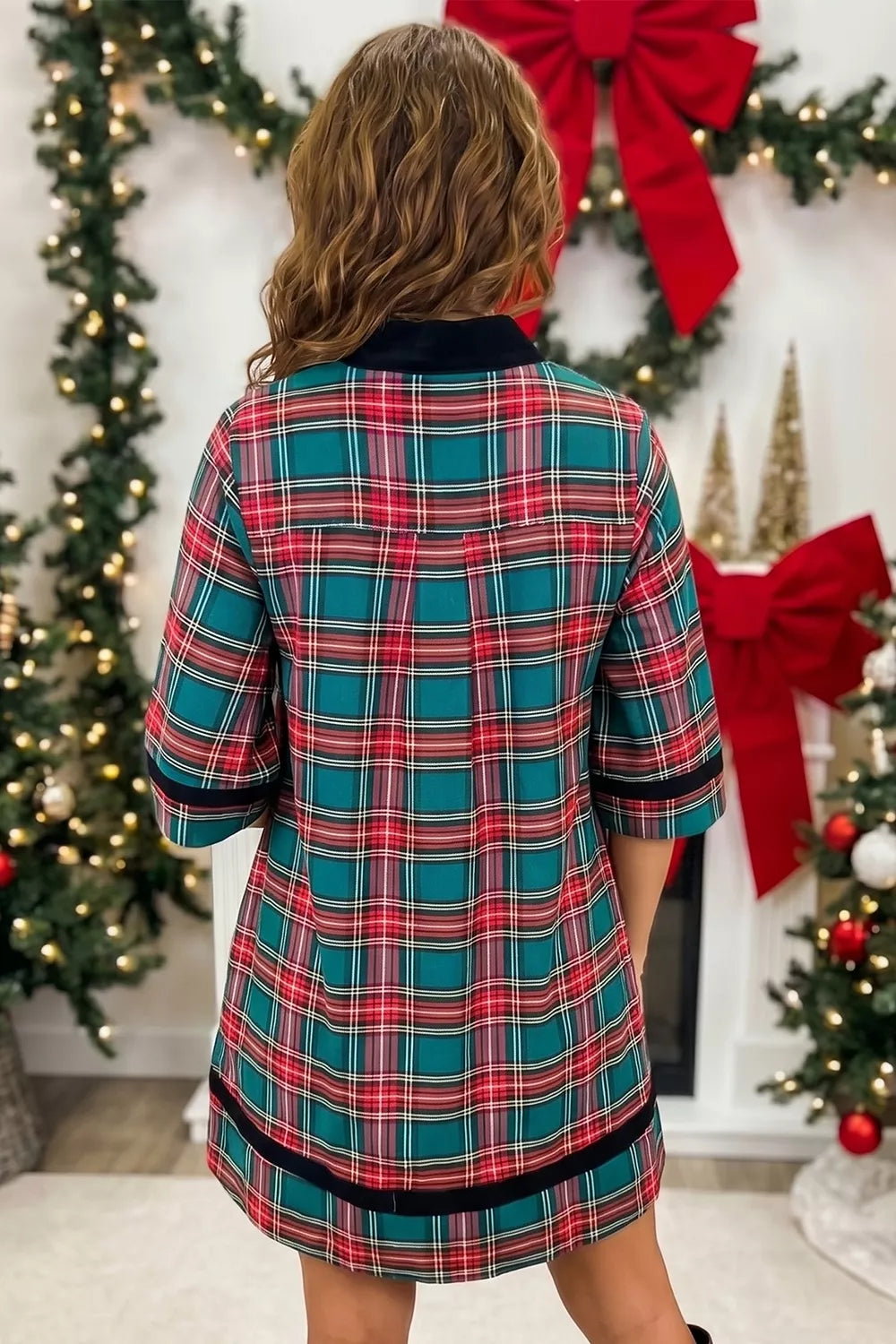 Plaid Velvet Trim Pockets Short Shift Dress