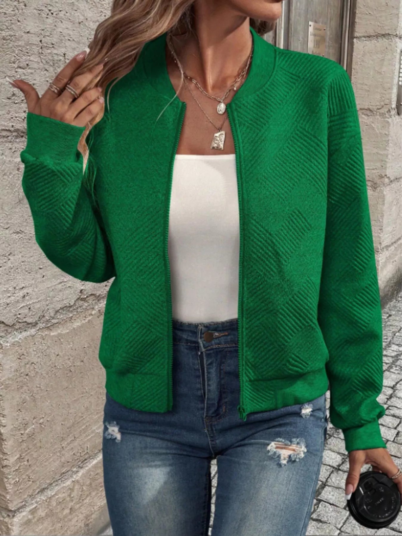 Textured Knit Zip-Up Bomber Jacket