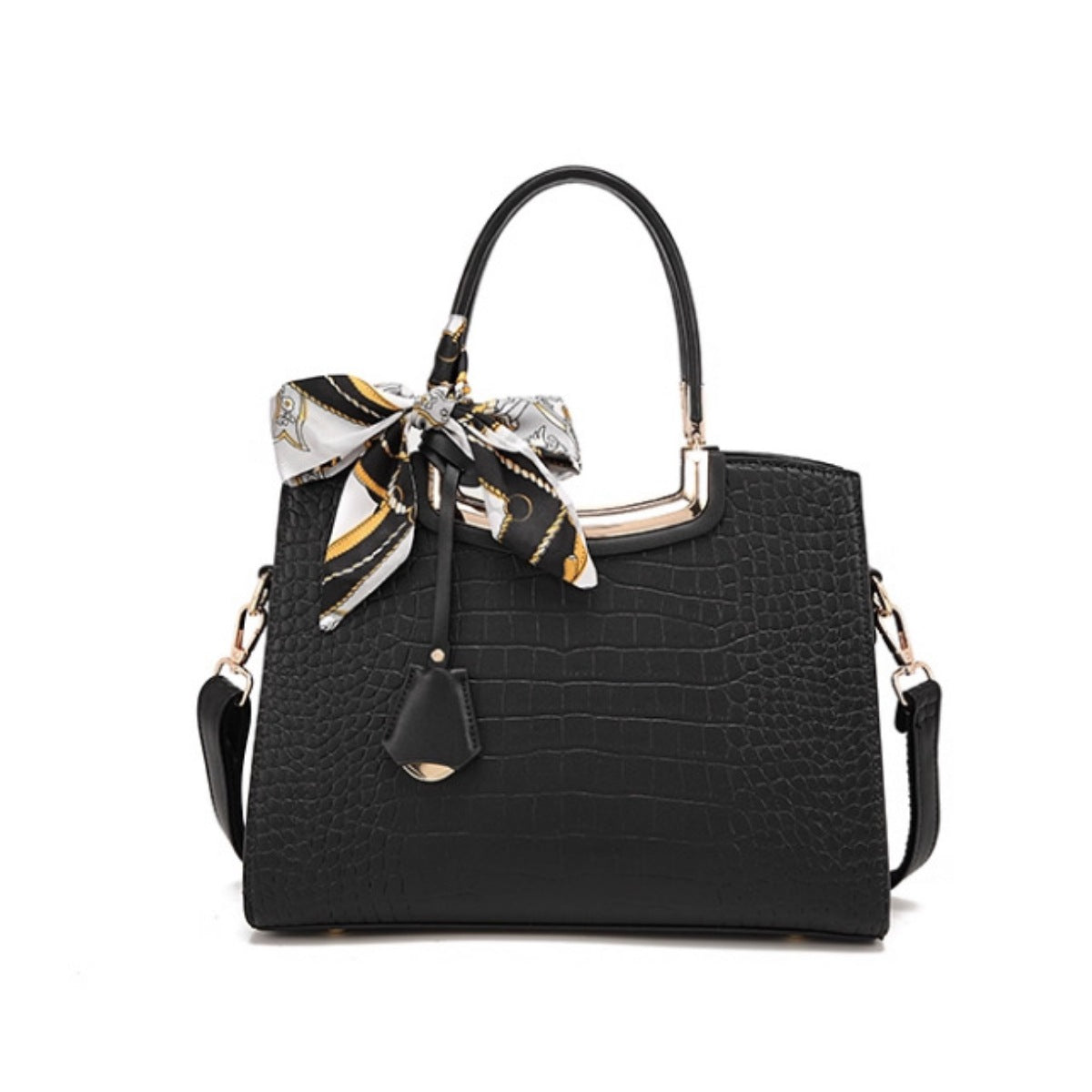 Crocodile Embossed Leather Top Handle Handbag