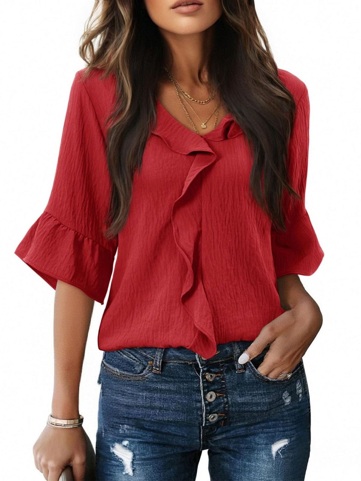 Ruffle V-Neck Flounce Sleeve Blouse
