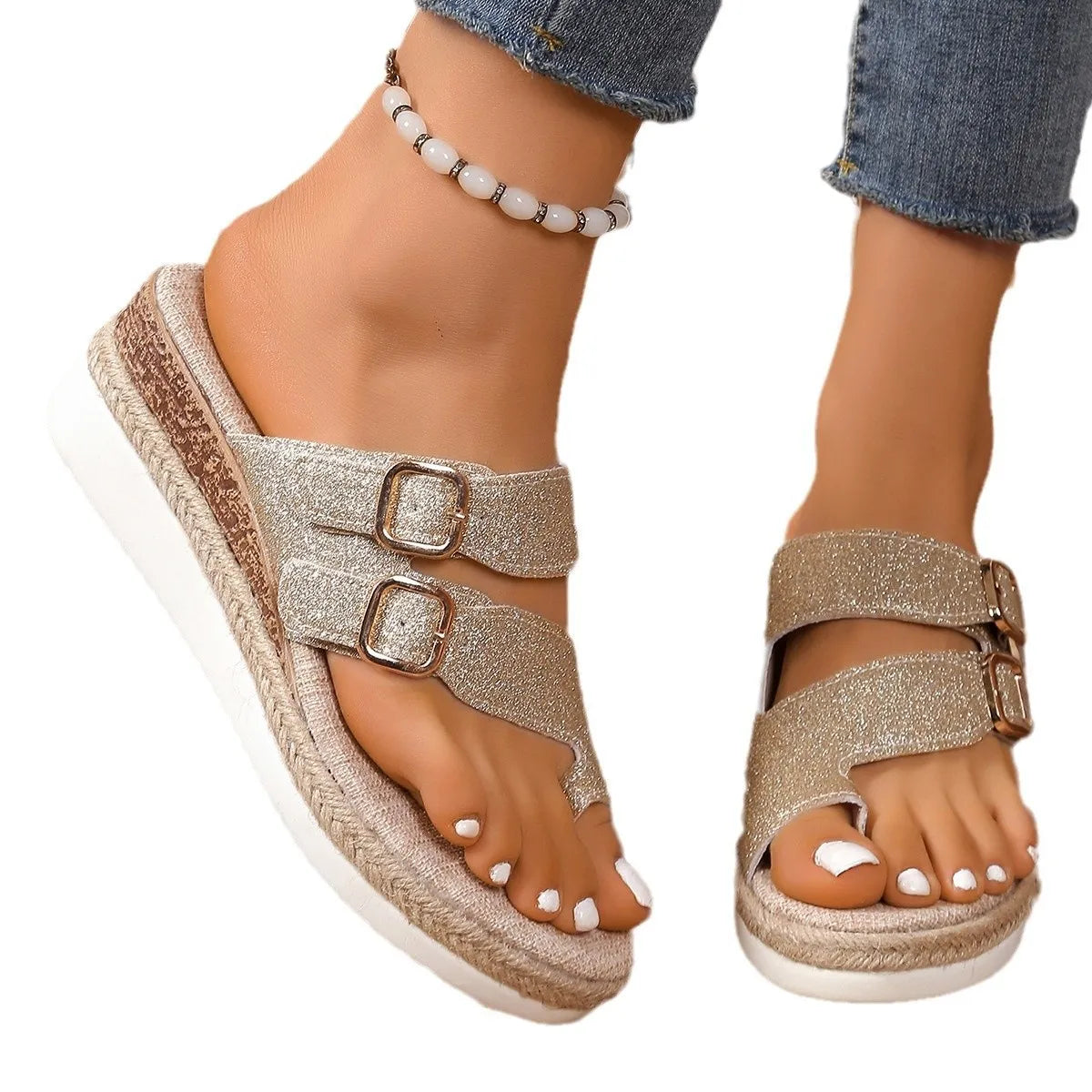 Double Buckle Wedge Sandals