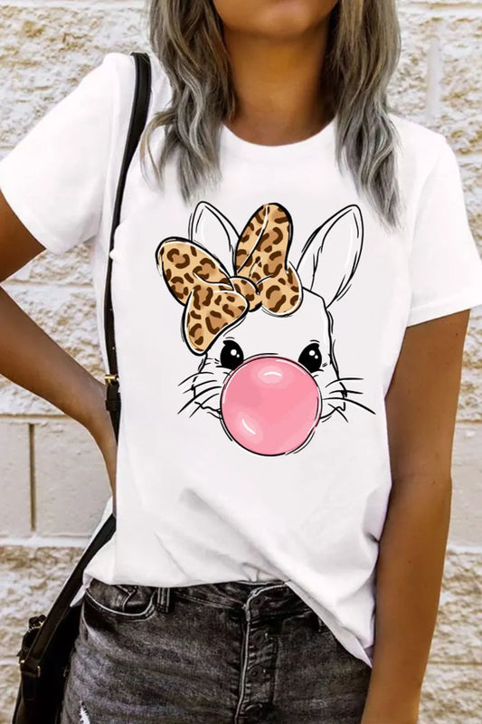 Leopard Bow Rabbit Graphic Round Neck Short Sleeve T-Shirt