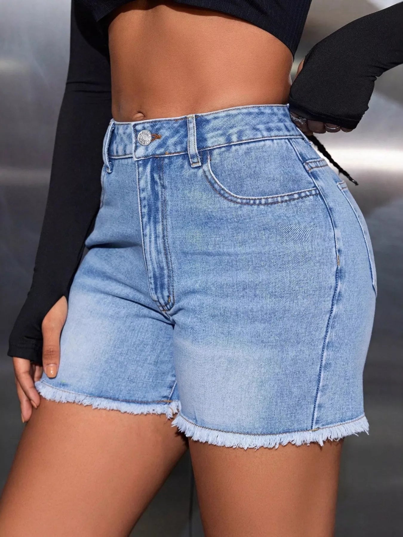 High-Waisted Frayed Hem Denim Shorts