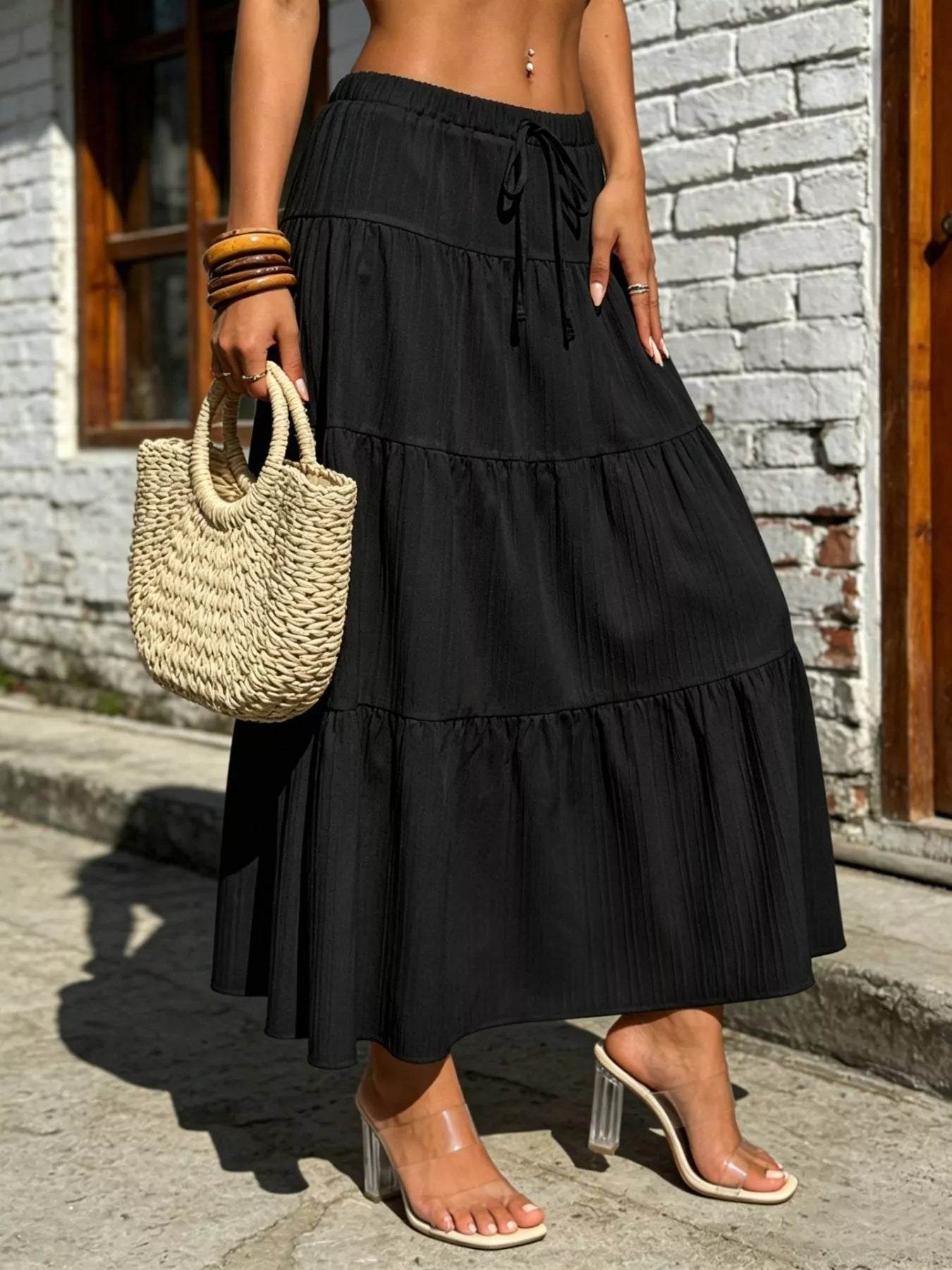 Tiered Maxi Skirt with Drawstring Waist