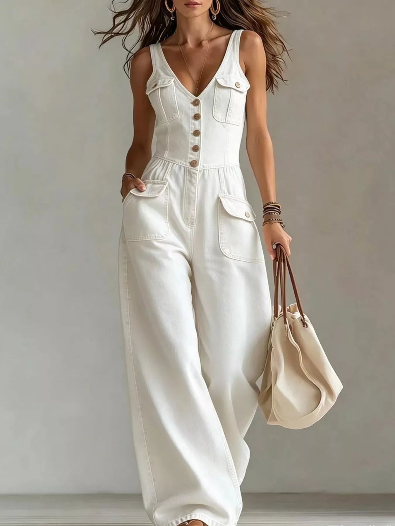 Full Size Button-Front Denim Wide-Leg Jumpsuit with Utility Pockets Plus Size
