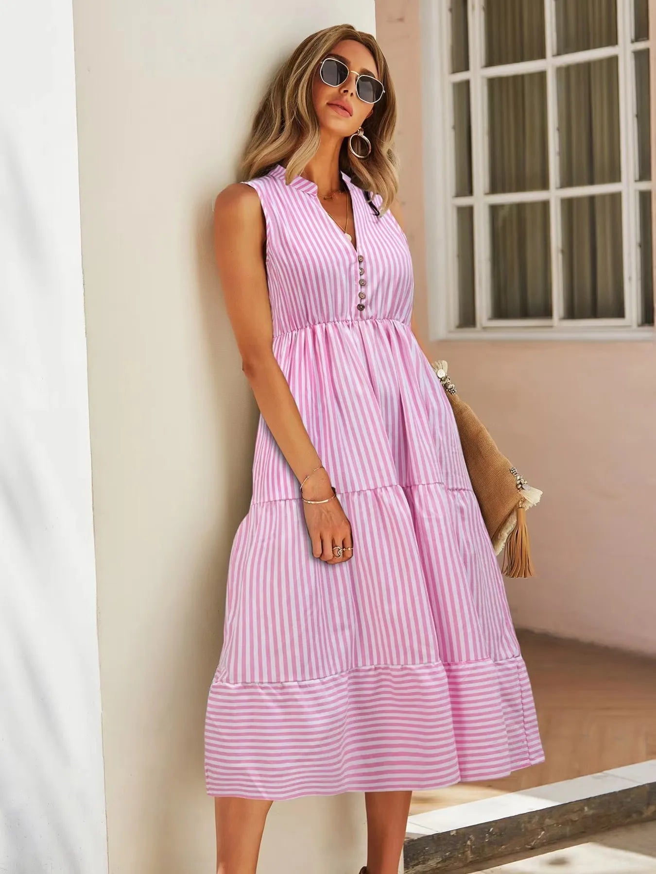 Striped Sleeveless Tiered Midi Dress