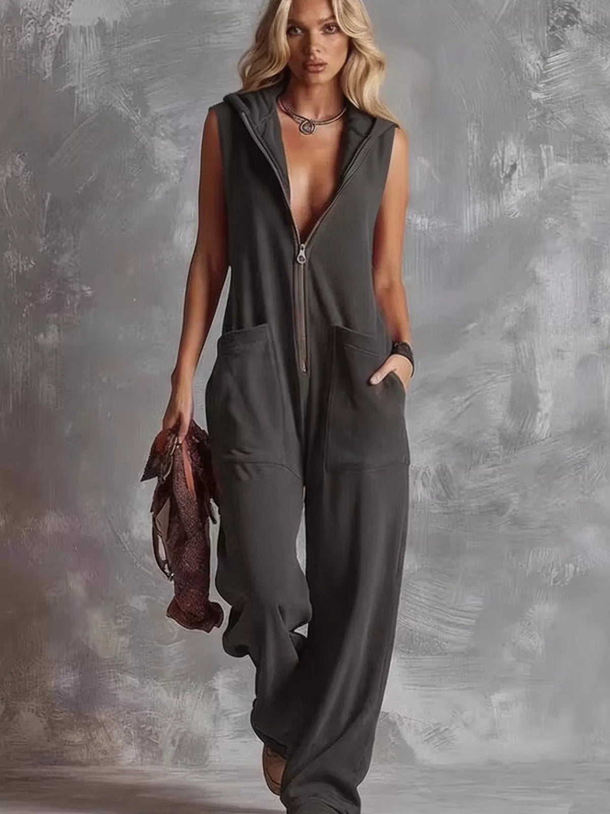 Sleeveless Hooded Zip-Front Casual Jumpsuit