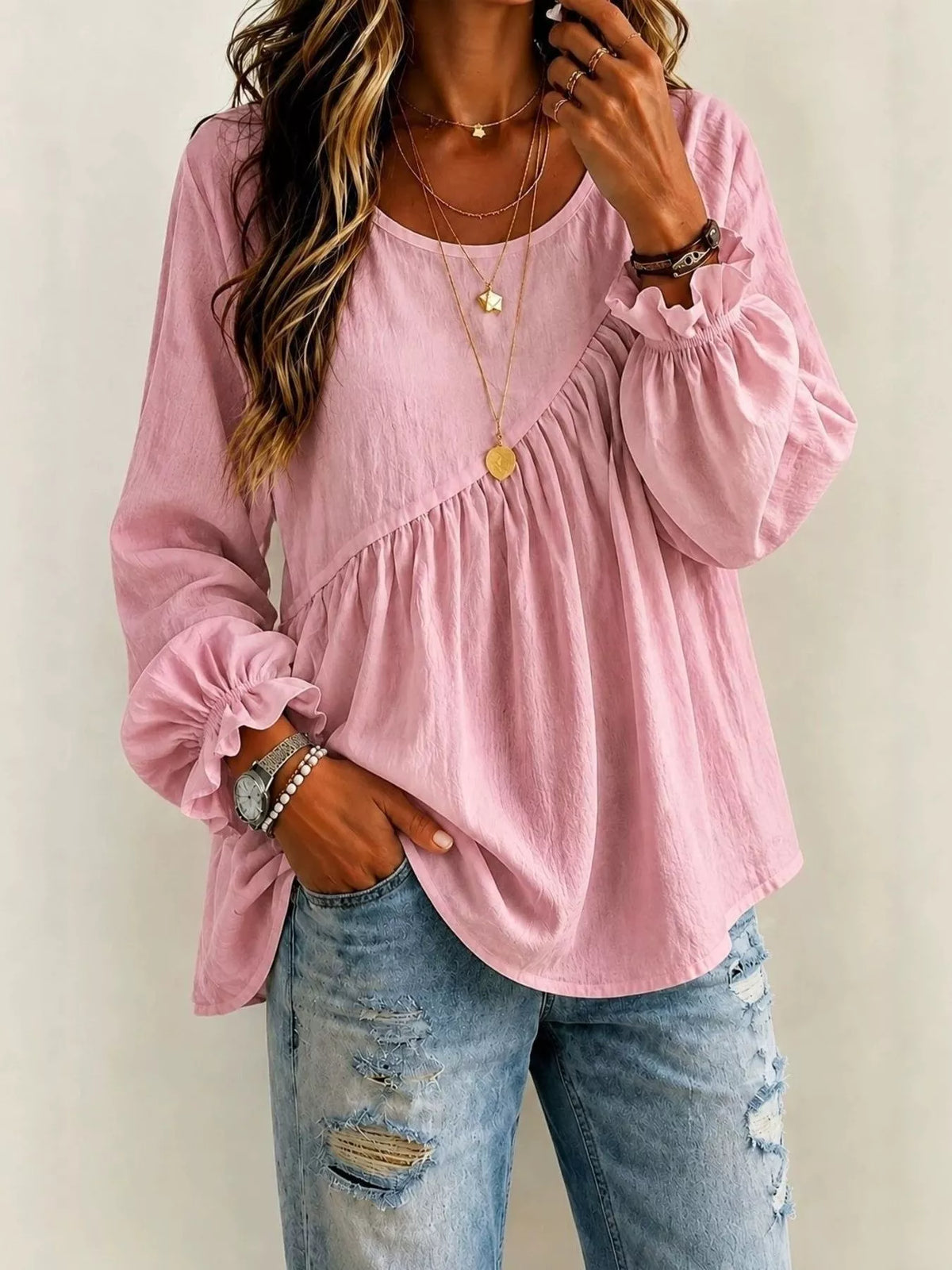 Long Sleeve Blouse with Asymmetric Pleated Detail