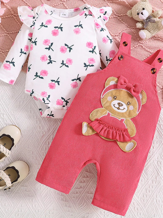 Children's Floral Print Ruffle Trim Bodysuit & Bear Applique Overalls Set