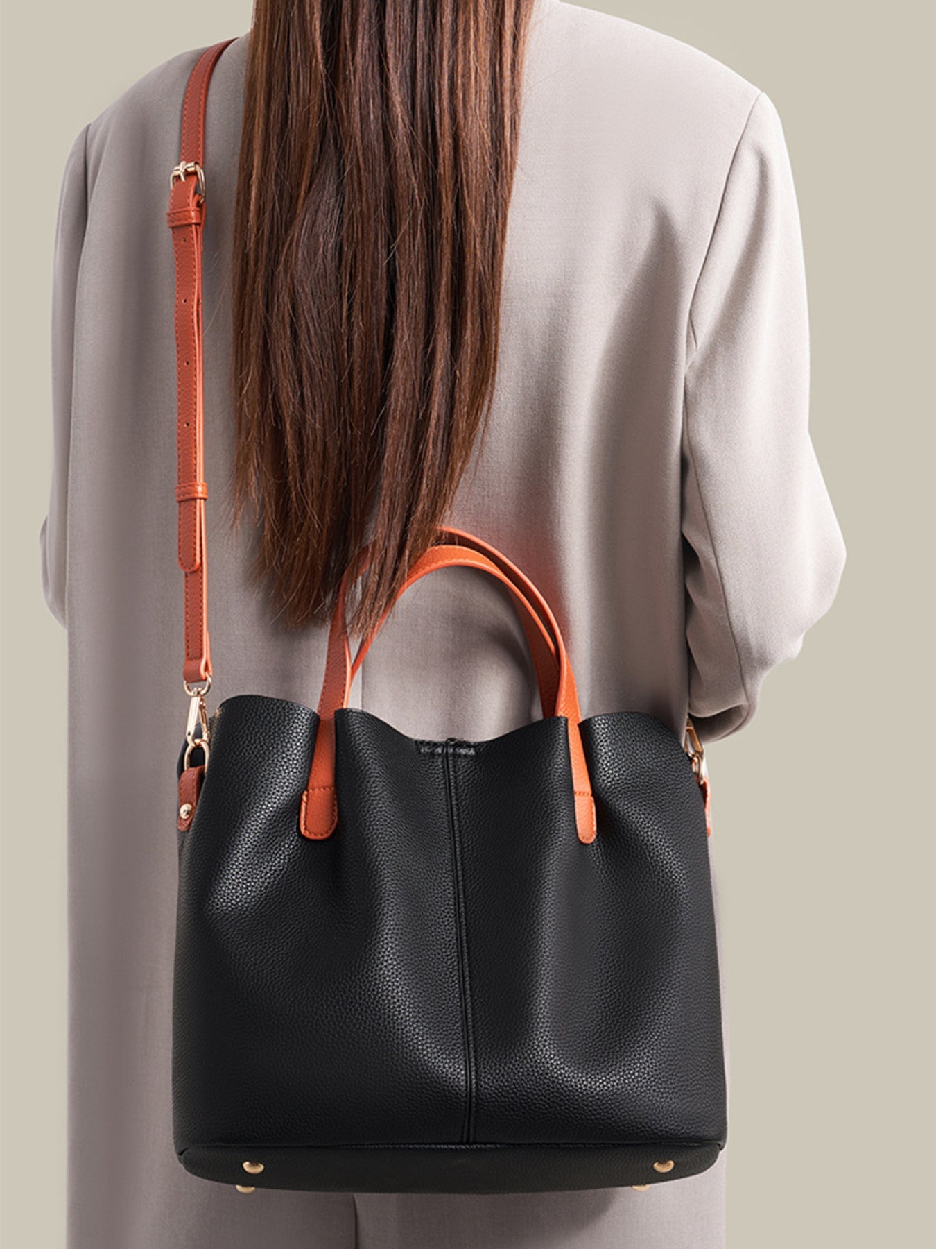 Leather Contrast Handle Handbag