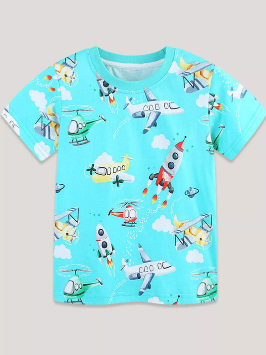 Children's Airplane & Rocket Print Crew Neck Short Sleeve T-Shirt