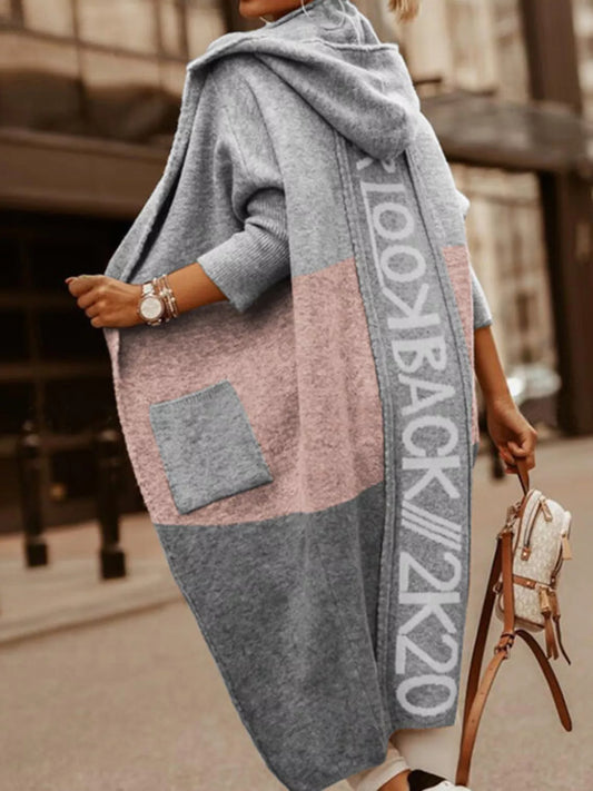 Full Size Hooded Color Block Open Front Cardigan Plus Size