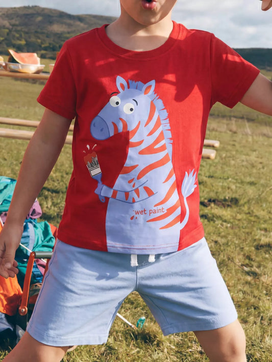 Children's Zebra Graphic Round Neck T-Shirt and Shorts Set