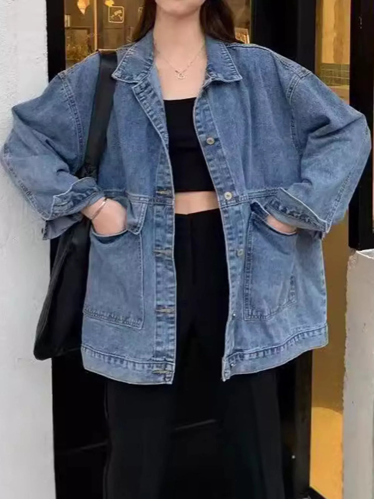 Oversized Wash Denim Jacket with Utility Pockets