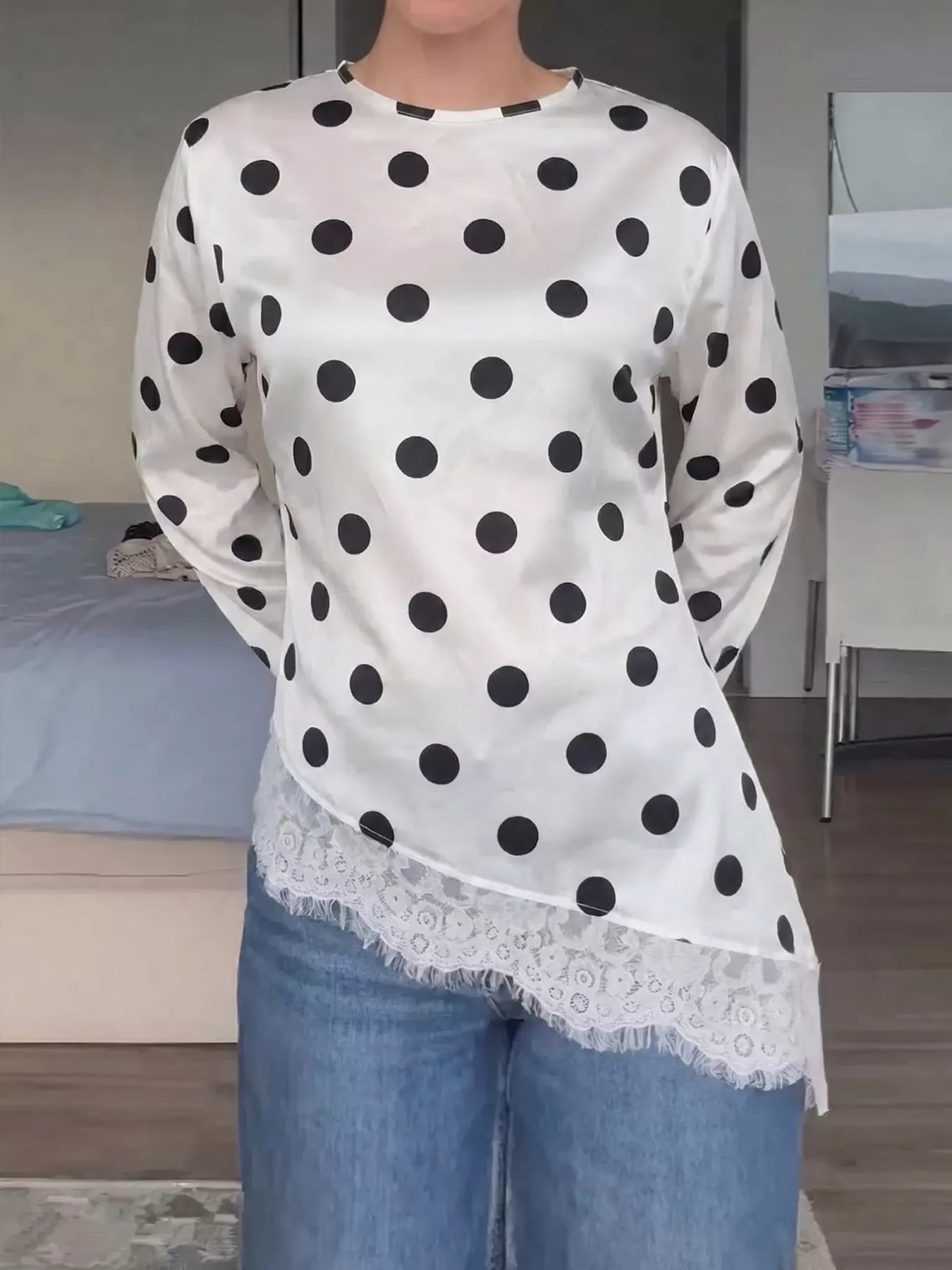 Polka Dot Satin Top with Lace Trim
