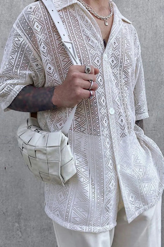 Men's Full Size Lace Half Sleeve Button Down Shirt Plus Size