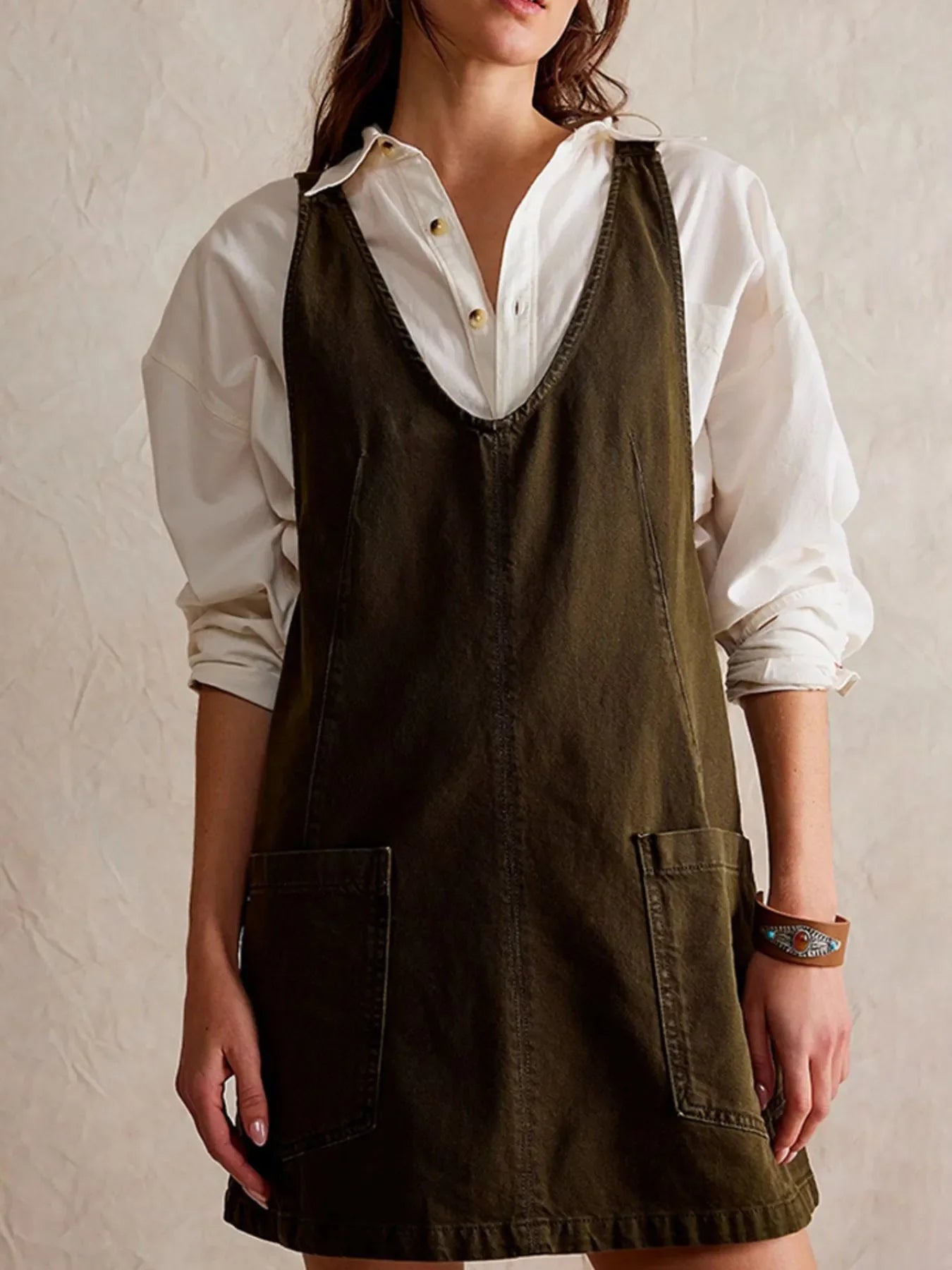 Oversized V-Neck Denim Tank Dress with Front Pockets