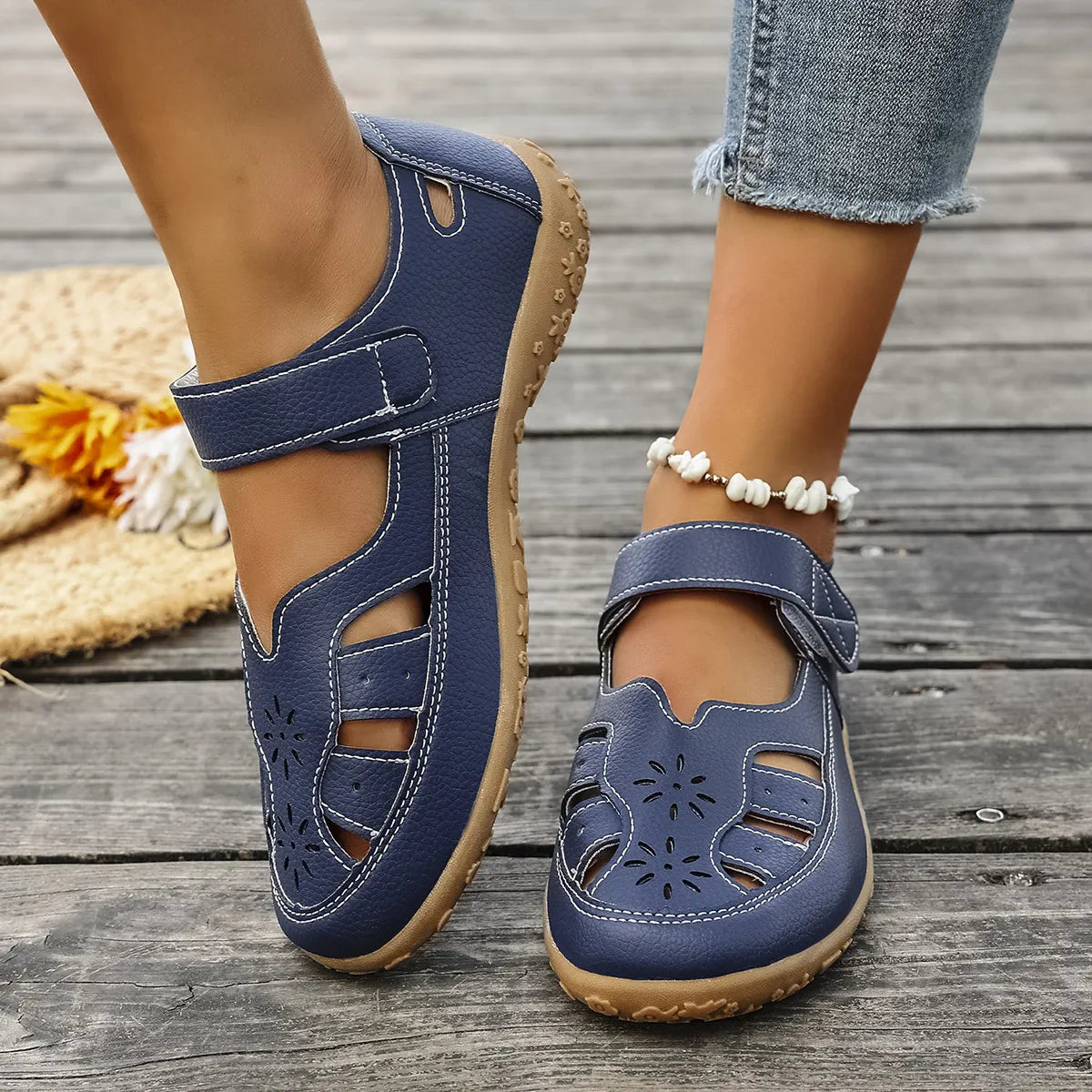 Cutout Velcro Straps Sandals
