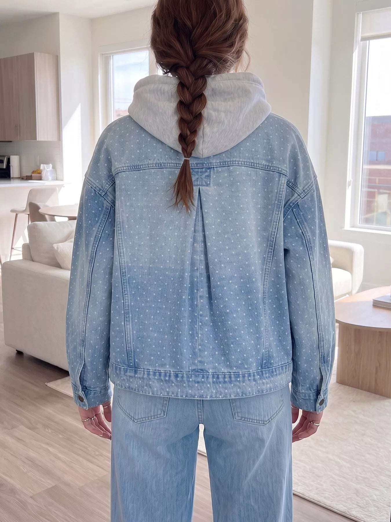 Polka Dot Long Sleeve Collar Pocket Casual Shift Silhouette Denim Jacket