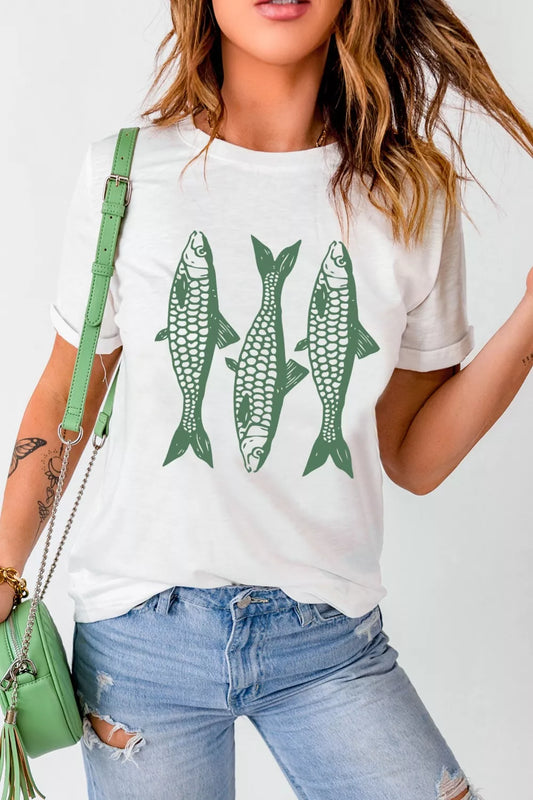 Full Size Unique Fish Graphic Casual Round Neck Tee Plus Size