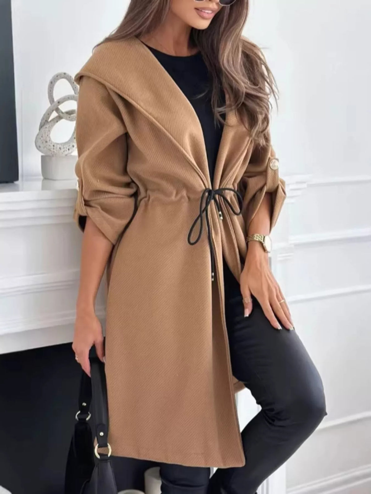 Full Size Hooded Drawstring Waist Casual Outerwear Plus Size