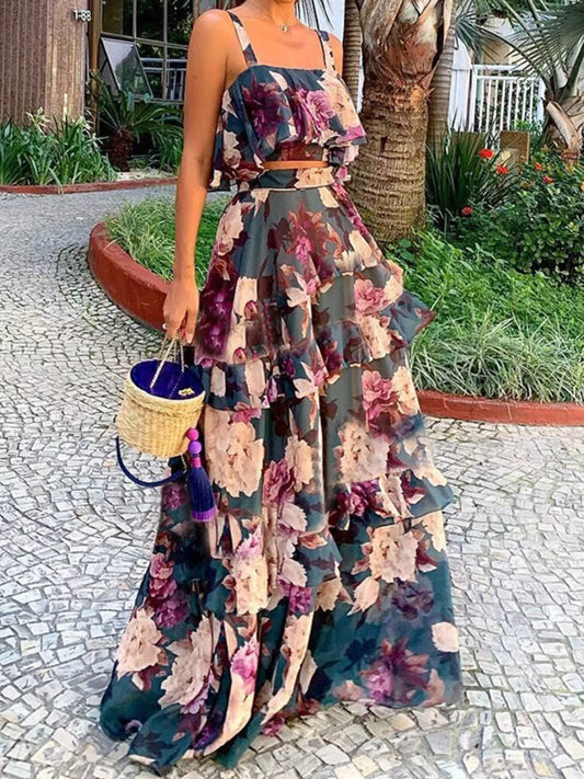 Floral Print Ruffle Cami and Skirt Two-Piece Set