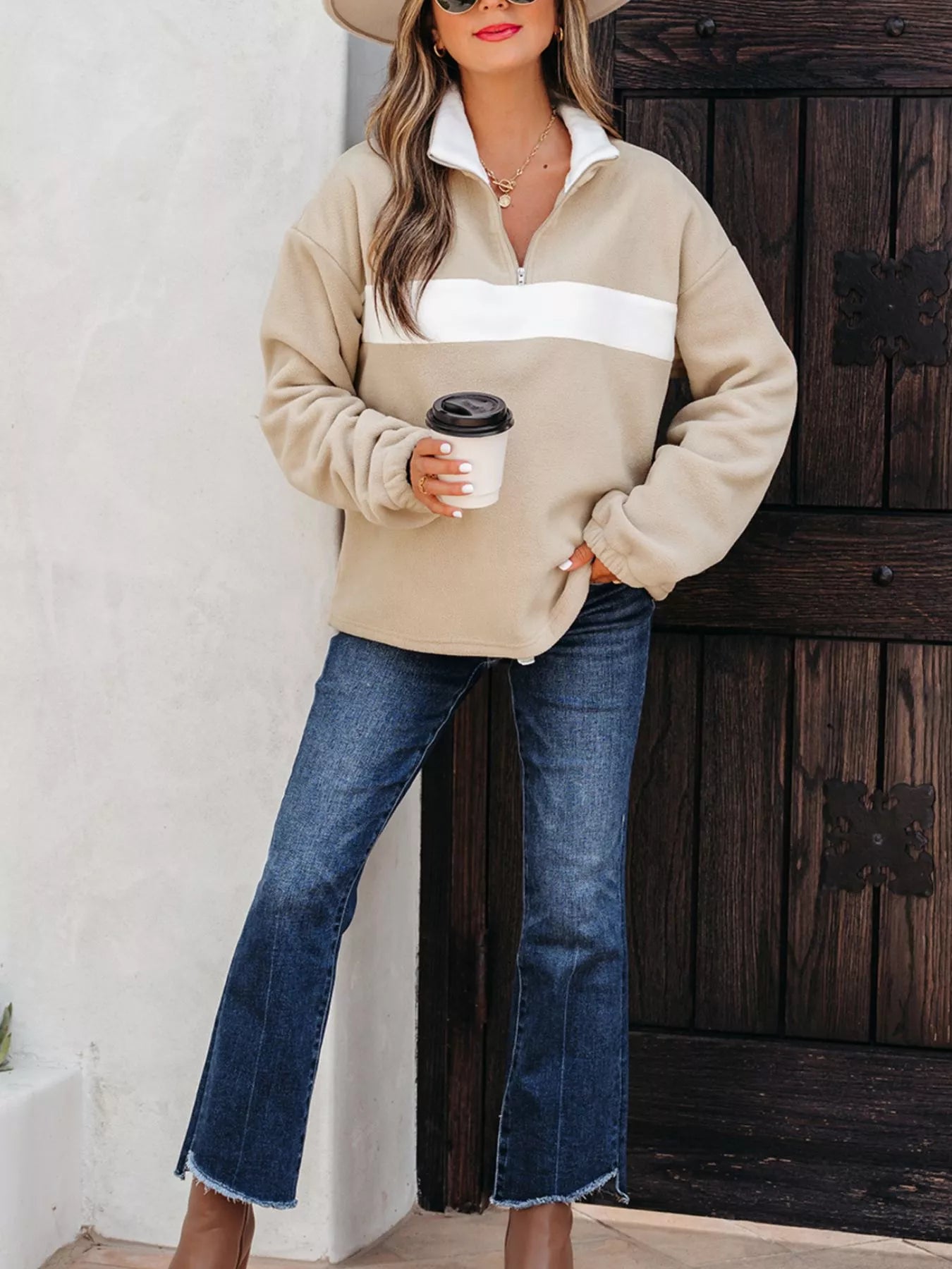 Fleece Colorblock Patchwork Zipped Neck Pullover Sweatshirt